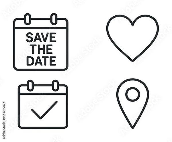 Fototapeta Minimalist save the date icon set with heart, calendar, location symbols