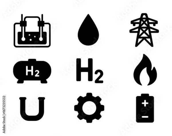 Fototapeta Hydrogen energy icons set featuring h2 symbols and energy infrastructure elements