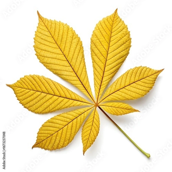 Fototapeta Yellow Buckeye Leaf Majestic Woodland Classic with Bold Palmate Green Leaflets and Serrated Edges on White Background Highlighting Natural Freshness Distinct Elegance and Minimal Charm