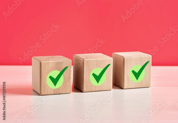 Fototapeta Three Wooden Cubes Showing Check Marks Symbolizing Validation on Pink Background