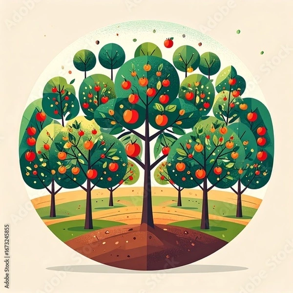 Fototapeta Whimsical Orchard Scene in Flat Design Style, Vibrant Apple Trees in a Stylized, Colorful Landscape