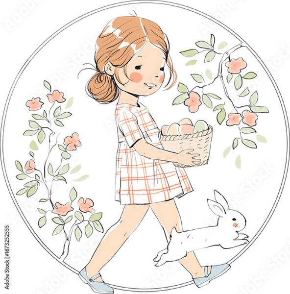 Obraz Easter. Girl. with a rabbit and eggs.