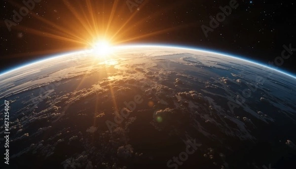 Fototapeta Beautiful space perspective of Earth as the sun rises, illuminating the sky and seas with golden rays.  Observe how the atmosphere of our planet curves against the universe's blackness.  From a global