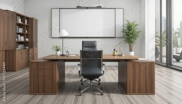 Obraz Modern workstation chair table wood contemporary style luxury executive office furniture desk design interior | blank png screen ideal for customized branding