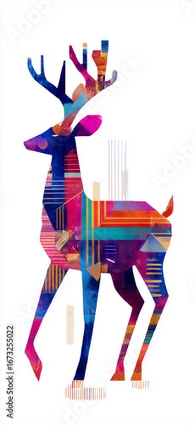 Obraz Stylized Deer with Rainbow Geometric Patterns, Abstract Modern Art Design in Vibrant Colors
