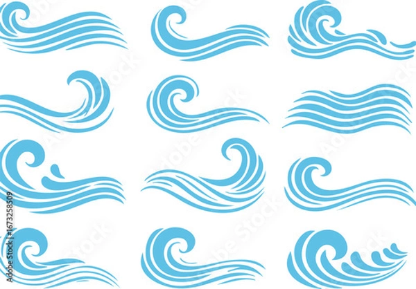 Fototapeta Water Waves, wave icons, Blue water Waves Set, Vector ocean water shape, Liquid shape elements, Sea wave, Wave icon set, simple doodle wave,water, signs, splash, abstract, art, collection,vector 