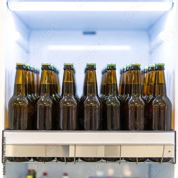 Fototapeta Close-up of beer bottles in a refrigerator
