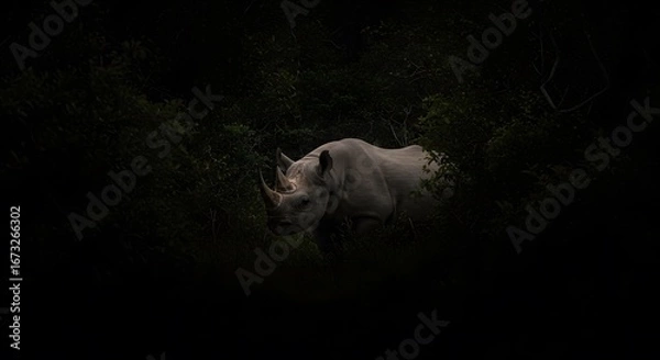 Obraz Majestic Rhinoceros in a Dark, Lush Natural Habitat
