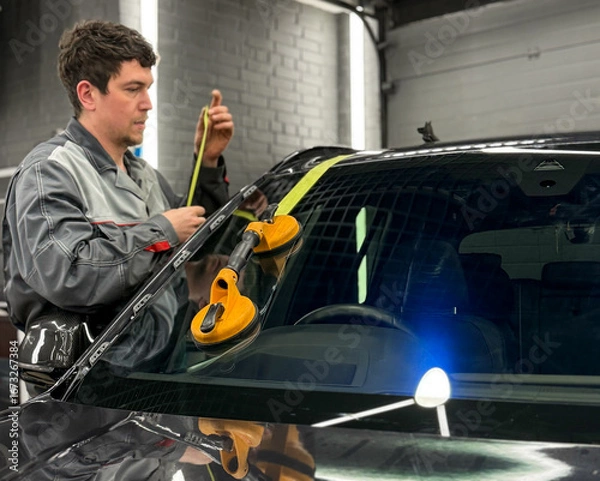 Fototapeta Automobile special workers replacing windscreen or windshield of a car in auto service station garage. Glass of the car, removed with the help of professional suction cups. The process of car repair. 