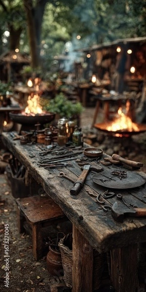 Fototapeta Rustic wooden workbench with tools and fires in an outdoor medieval market