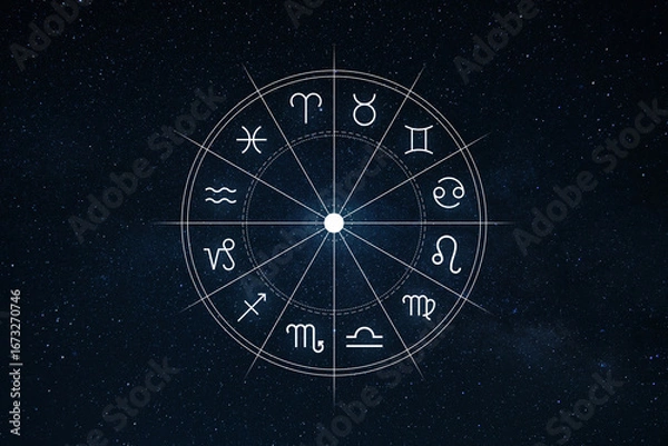 Fototapeta Zodiac wheel with twelve astrology signs on starry night sky background, symbol of horoscope, astrology, mysticism, and cosmic energy. Predictions and fortune telling, concept