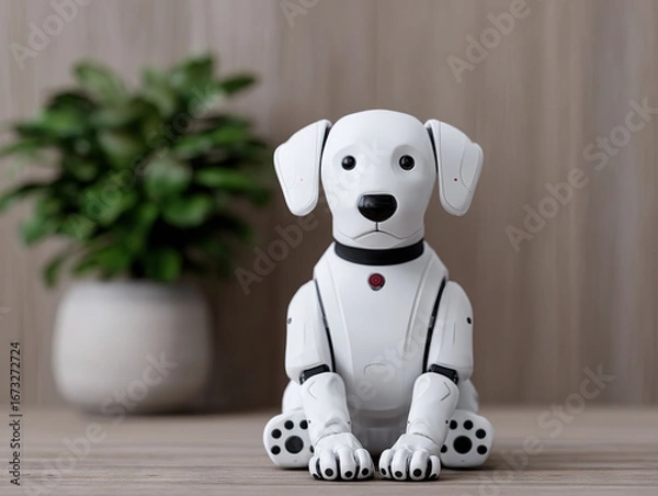 Fototapeta White robotic dog companion sits on wooden surface with potted plant in background, exuding friendly and futuristic vibe
