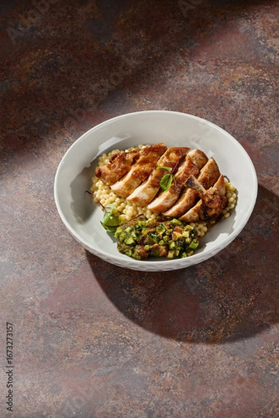 Fototapeta Ptitim with chicken fillet, bright natural light, overhead plating on rustic earthenware