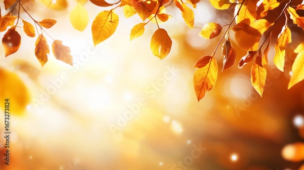 Fototapeta Golden autumn leaves shimmer in sunlight, creating a warm and inviting ambience. Soft blurred background adds depth to scene. Concept of seasonal decor, nature appreciation, environmental awareness