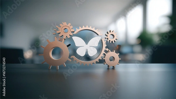 Fototapeta Brass gears background with butterfly wing texture overlay