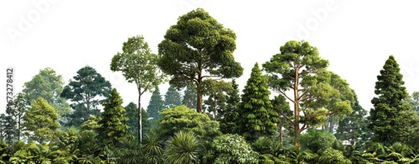 Fototapeta Diverse summer forest with palms and conifers, isolated on transparent cutout background