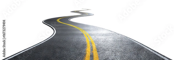 Fototapeta Curved asphalt road with double yellow lines, isolated on transparent cutout background