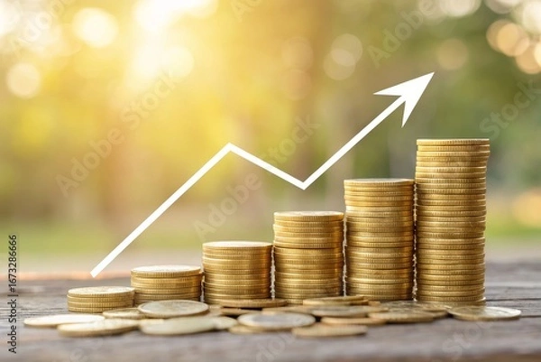 Fototapeta Financial Growth and Investment Concept: Rising Stacks of Gold Coins and Upward Trending Graph