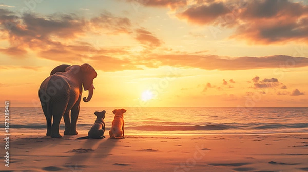 Fototapeta Elephant and Dog Watching Sunset on Beach, Unlikely Friendship, Concept of Peace and Companionship, Tranquil Seaside Evening, Inspirational Animal, Generative AI