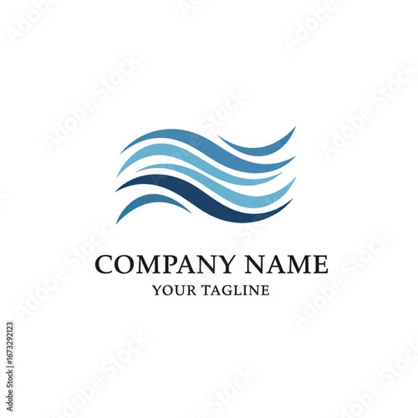 Fototapeta A modern abstract logo featuring stylized blue waves against a white background, with placeholder text for company name and tagline.