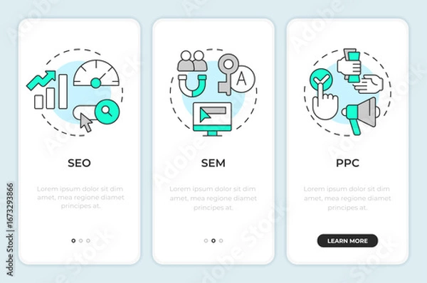 Fototapeta Search engine marketing onboarding mobile app screen. Lead generation. Walkthrough 3 steps editable graphic instructions with linear concepts. UI, UX, GUI. Montserrat SemiBold, Regular fonts used