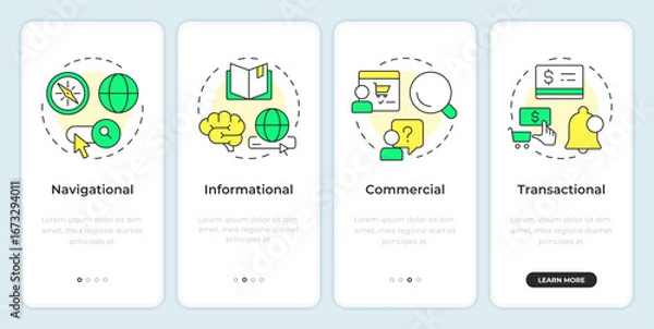 Fototapeta User marketing onboarding mobile app screen. Customer service. Walkthrough 4 steps editable graphic instructions with linear concepts. UI, UX, GUI. Montserrat SemiBold, Regular fonts used