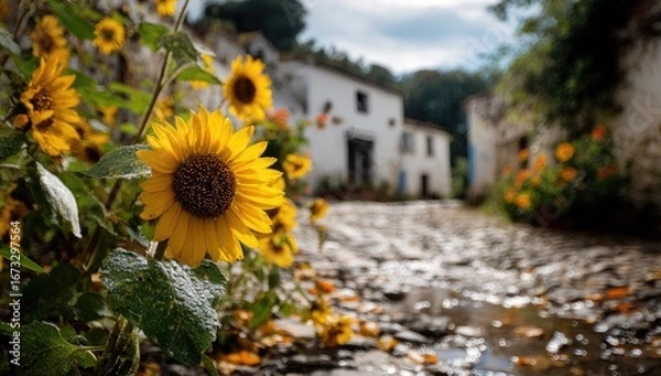 Fototapeta Sunflowers bloom along a cobblestone street in a village