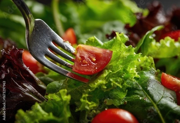 Fototapeta Close-up of a forkful of fresh salad with red tomatoes and greens