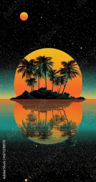 Fototapeta Tropical island sunset, mirrored in still water, under a starry night sky