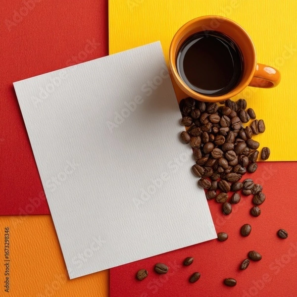 Fototapeta Blank white paper, orange coffee cup, coffee beans on vibrant red and yellow background