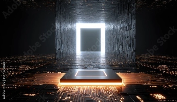 Fototapeta Dark futuristic corridor, glowing CPU