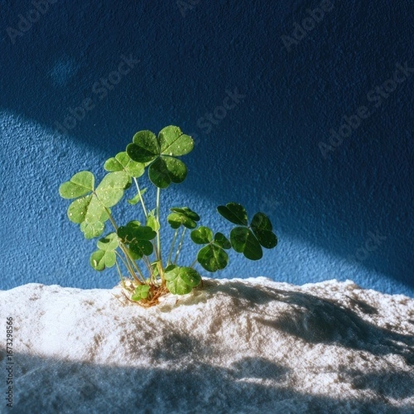 Fototapeta Small clover plant on light-colored surface against a deep blue wall, bathed in sunlight