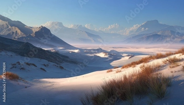 Fototapeta Vast desert valley, mountains in the distance, sunrise or sunset light, soft shadows, pale sand, sparse vegetation