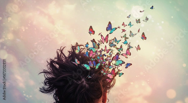 Fototapeta Vibrant butterflies take flight from a person's head, symbolizing freedom and imagination