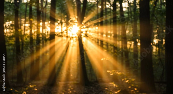 Fototapeta Golden sunbeams pierce through lush forest canopy creating a magical ethereal atmosphere