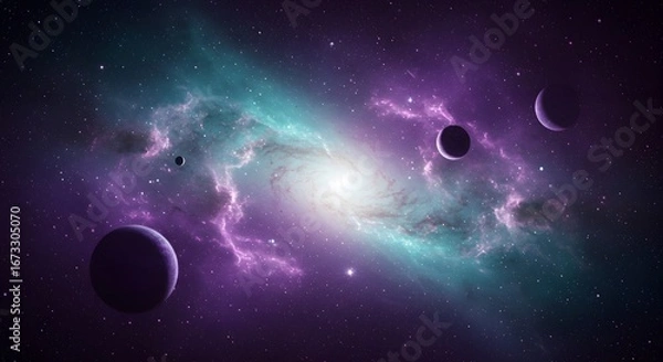 Fototapeta Majestic cosmic galaxy with glowing nebula and planets, vibrant purple and teal colors, dreamy space background perfect for science, fantasy, and futuristic design.