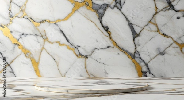 Fototapeta Luxury white marble background with elegant golden veins and round podium, perfect for product showcase, branding, fashion, interior design, and premium presentation projects
