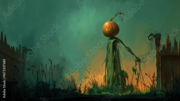 Obraz Mysterious pumpkin figure in eerie landscape.