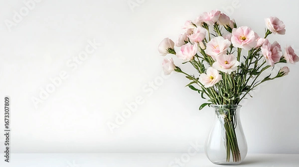Fototapeta Eustoma flowers in vase on table near white wall spa ai generative