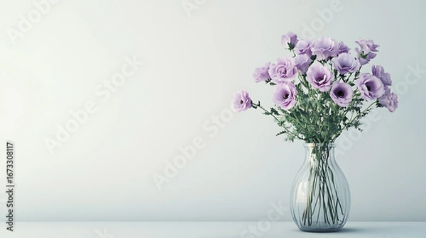 Fototapeta Eustoma flowers in vase on table near white wall spa ai generative