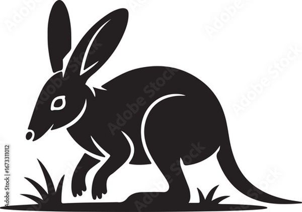 Fototapeta Black Silhouette of a Kangaroo with Large Ears on White Background