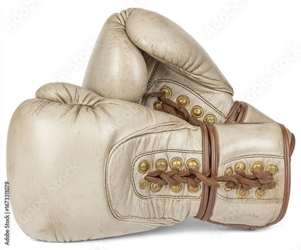 Fototapeta A Pair of Vintage Boxing Gloves with Unique Brown Lacing and Distinctive Texture, Showcasing the Artistry and Craftsmanship of Fighting Gear. png, isolated on white background