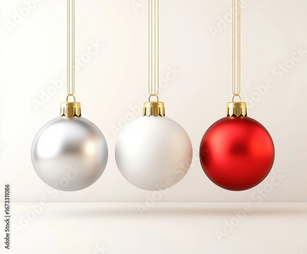 Fototapeta Elegant Set of Christmas Ornaments in Silver, White, and Red Hanging Against a Minimalistic Background for Festive Holiday Decor Inspiration. png, isolated on white background