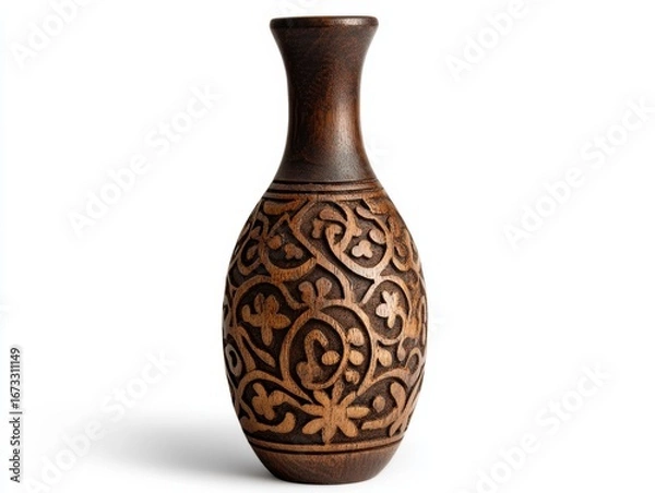 Fototapeta Intricately Carved Wooden Vase Featuring Elegant Floral Patterns and Smooth Curves, Perfect for Home Decor or Artistic Display. png, isolated on white background