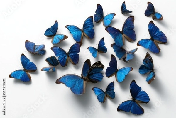 Fototapeta A Stunning Display of Vibrant Blue Butterflies Gathered Together, Showcasing Their Delicate Wings and Beautiful Patterns Against a Clean White Background. png, isolated on white background
