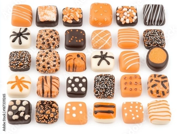 Fototapeta A Colorful Assortment of Decorative Chocolate Candies in Vibrant Orange, Black, and White Patterns for Sweet Treat Lovers. png, isolated on white background