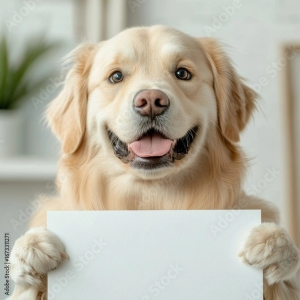 Fototapeta Friendly Golden Retriever Holding a Sign with a Cheerful Expression in a Cozy Indoor Environment. png, isolated on white background