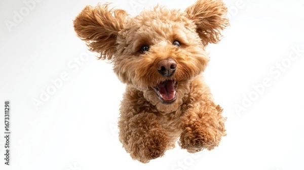 Fototapeta Energetic and Joyful Poodle-Focused Portrait Capturing a Playful Dog in Mid-Air with Eager Expression and Fluffy Fur Against a Clean White Background. png, isolated on white background