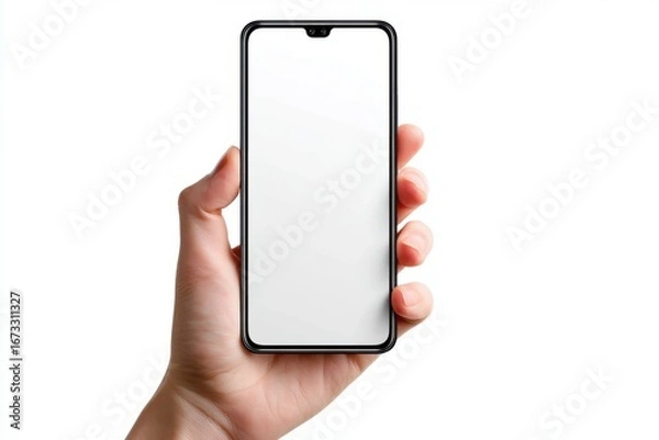 Fototapeta A Hand Holding a Modern Smartphone with a Blank Screen, Showcasing Sleek Design and Minimalist Aesthetic Ideal for Digital Communication and Social Interaction.. png, isolated on white background