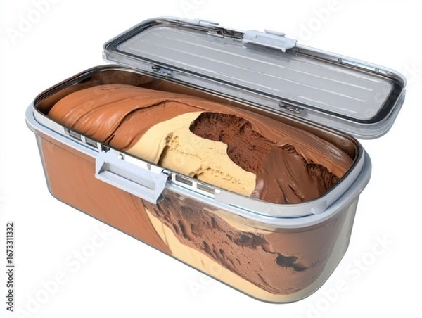 Fototapeta Indulge in the Rich Creaminess of a Gourmet Ice Cream Tub Featuring Layers of Chocolate, Vanilla, and Caramel for a Sumptuous Dessert Experience. png, isolated on white background